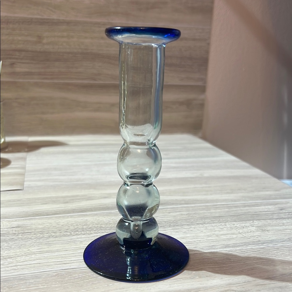 Vintage Handblown Mexican Art Glass Blue Bud Vase or Candlestick 6”
